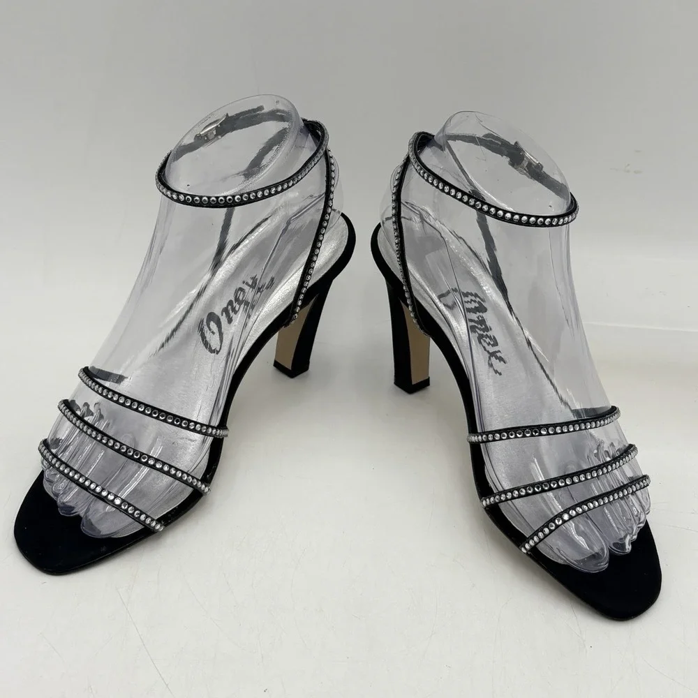 Onex Heels Womens 6.5M Black Rhinestone Strappy Sandals Slingback USA Formal